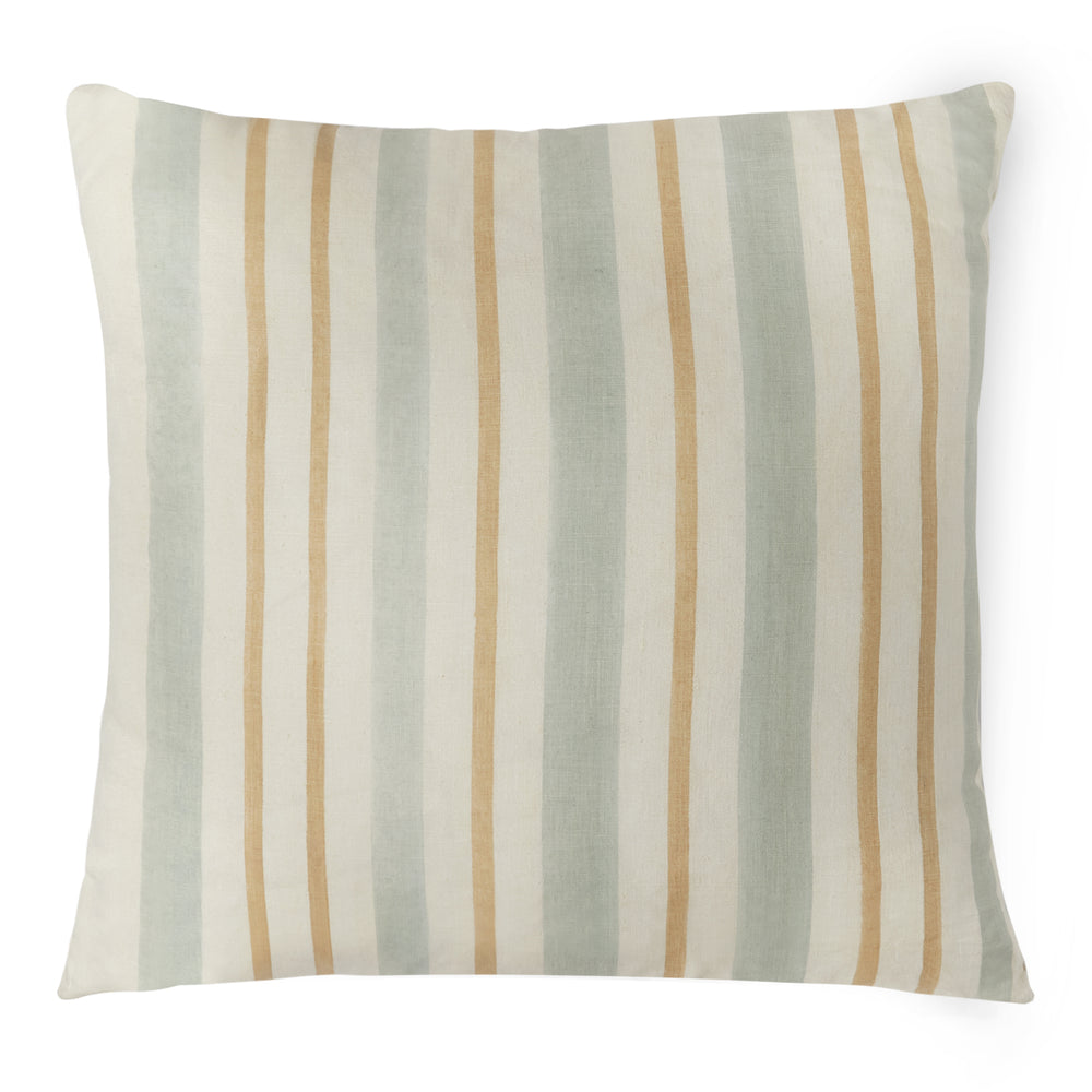 You'll enjoy the benefits of this hemp stripe pillow  with wide soft green stipes and smaller yellow stripes.