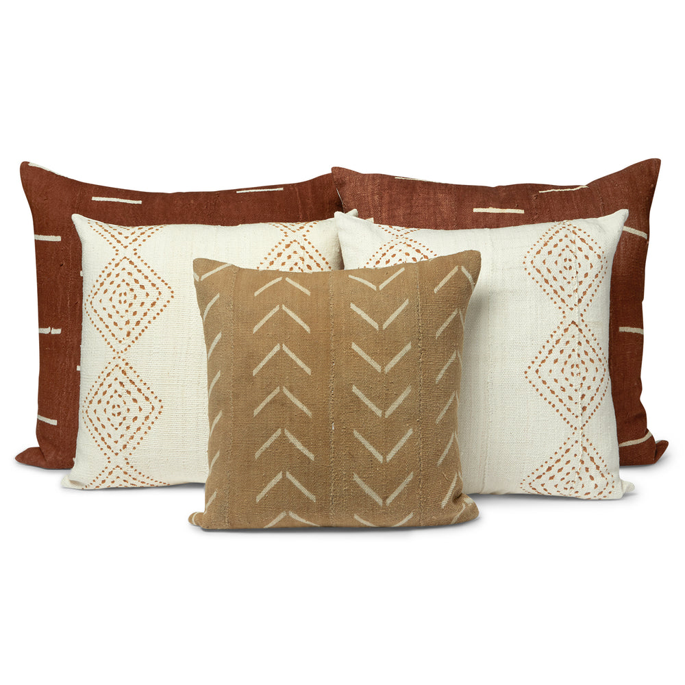 You'll enjoy the benefits of this mudcloth 5 pillow set. It incluedes an olive with cream opened ended triangles, rust with cream lines and white with rust dots.