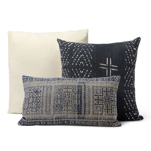 You'll enjoy this mud cloth and hemp curated pillow set 3 .  The set includes our blue brooke mudcloth pillow, our indigo blue, handpainted and our Tawny  tan pillow.