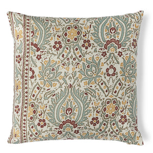 You'll enjoy this hemp pillow in a multi color print with green and yellow.