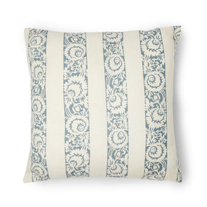 You'll enjoy this flax linen pillow in white with blue stripes with a design.