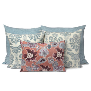 You'll enjoy the benefits of this flax  linen curated pillow set. It includes 5 pillows, blue linen, blue and white hemp and a multi print of pink and blue 