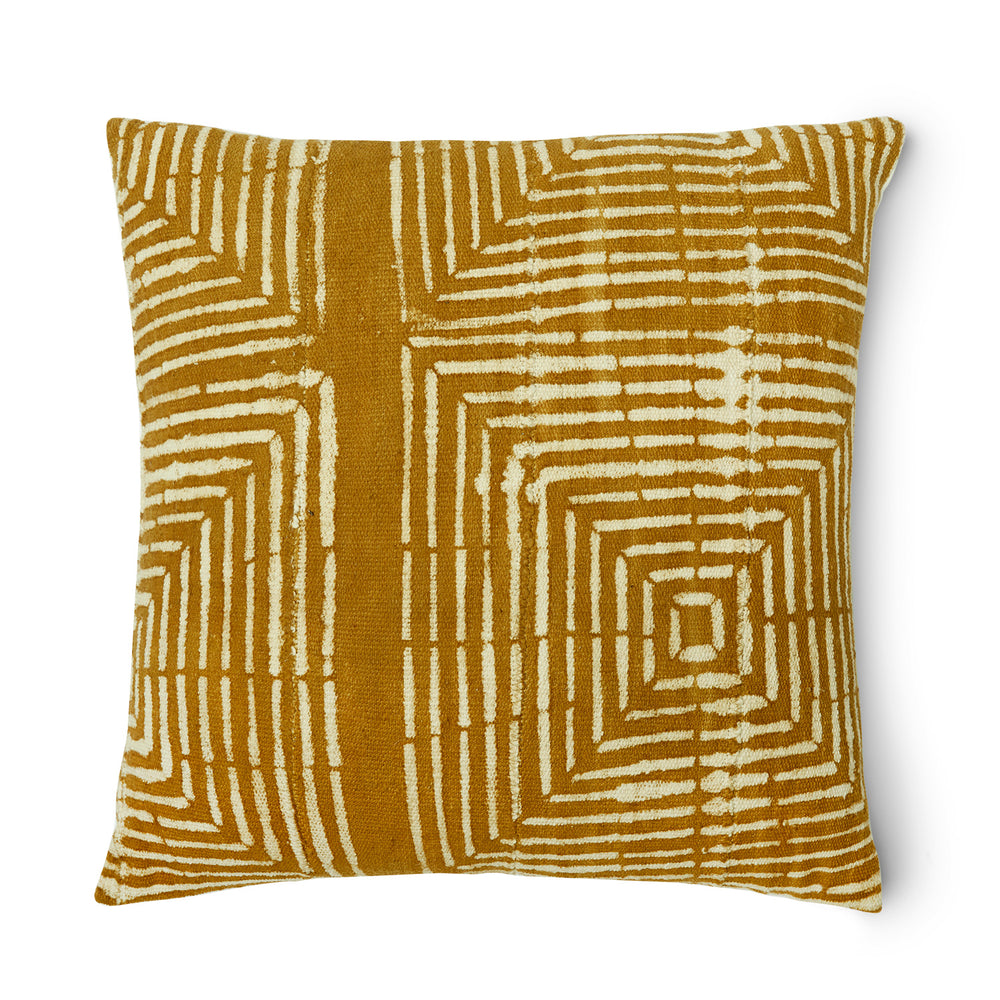 You'll enjoy this mustard mud cloth pillow with white geometric lines and a solid mustrad stripe down the side of the pillow.