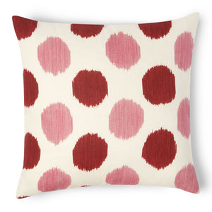 
                
                    Load image into Gallery viewer, You&amp;#39;ll enjoy this  white linen pillow with red and pink circles.
                
            
