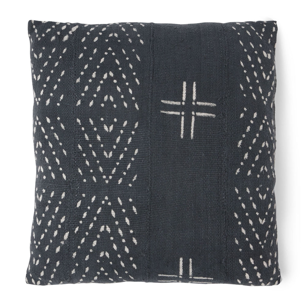You'll enjoy this blue mud cloth pillow with wide white crosses and inverted open ended triangles.