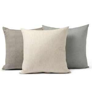 You'll enjoy the benefits of this hemp stripe pillow paired with two solid hemp pillows in soft muted green and brown .